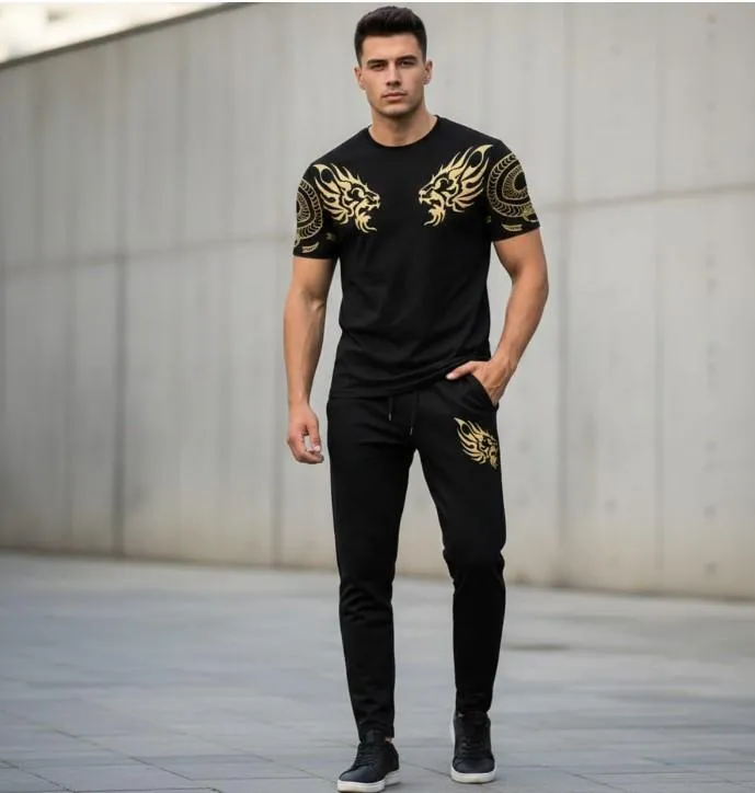 Men Black Lion Printed 2Pcs Track Suit Slim Fit