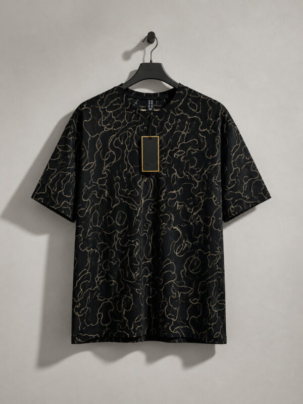 Premium China Cotton Printed Oversized T-Shirt for Men – Black with Gold Abstract Pattern
